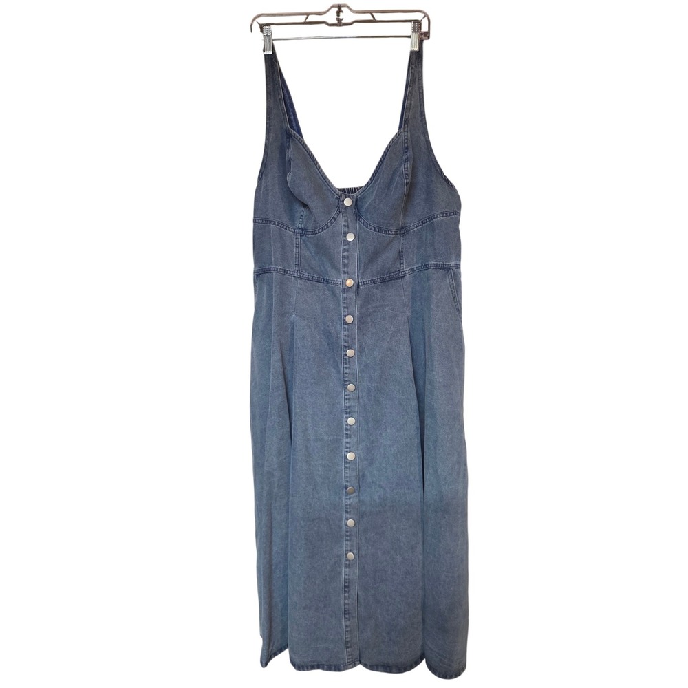 Plus Size‎ 4X Blue Denim Button Front Midi Summer Dress Sweetheart Neck Pockets